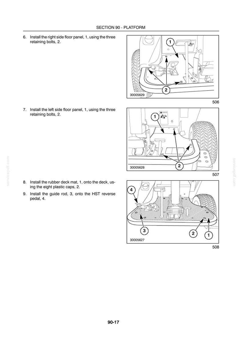 May include: Diagram from a manual showing the installation of a platform on a machine. The diagram includes numbered parts and arrows indicating assembly steps. Text includes "SECTION 90 - PLATFORM".