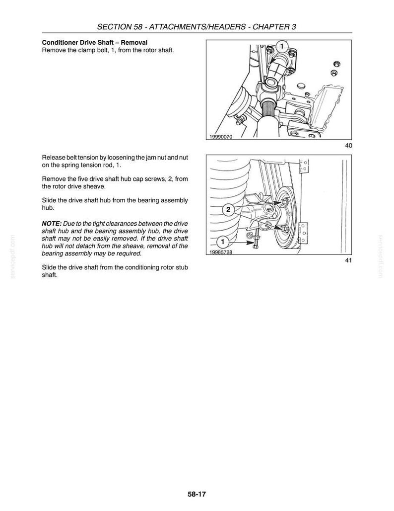 May include: A technical manual page titled SECTION 58 - ATTACHMENTS/HEADERS - CHAPTER 3, featuring black and white line drawings of a conditioner drive shaft removal process, including numbered components and instructional text for maintenance.