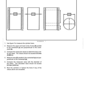 May include: Diagram illustrating the measurement of crankcase liners, with labeled dimensions in inches and millimeters. The image includes detailed instructions for measuring cylinder liners, with specifications for ovality and taper.