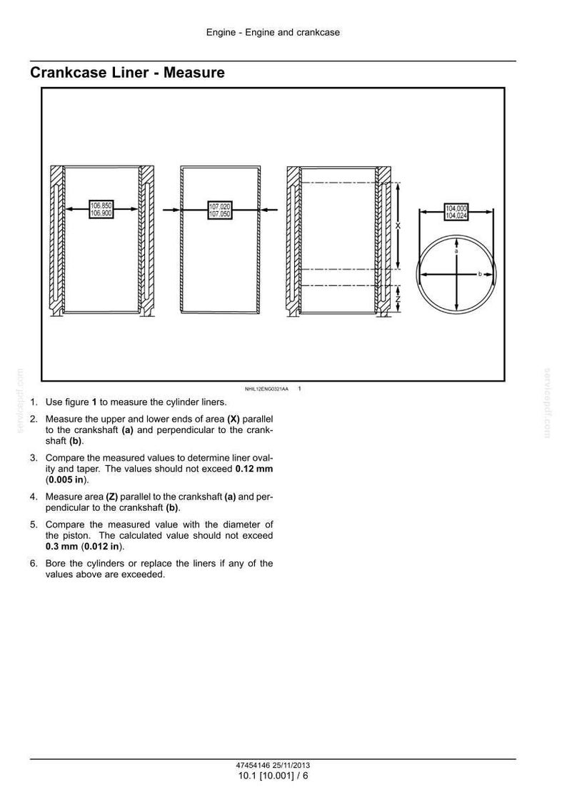 May include: Diagram illustrating the measurement of crankcase liners, with labeled dimensions in inches and millimeters. The image includes detailed instructions for measuring cylinder liners, with specifications for ovality and taper.