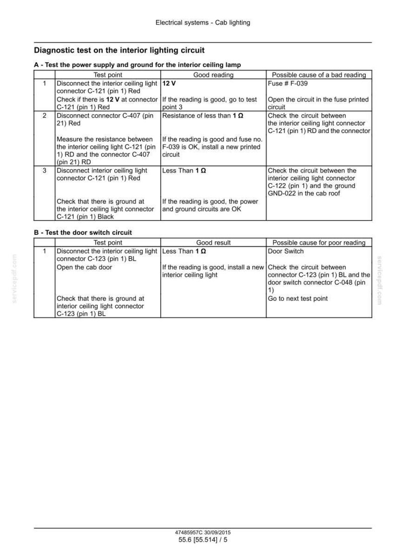 May include: Diagnostic test instructions for interior lighting circuits, including tests for power supply, ground, and door switch circuits. The document includes test points, good readings, and possible causes for poor readings.