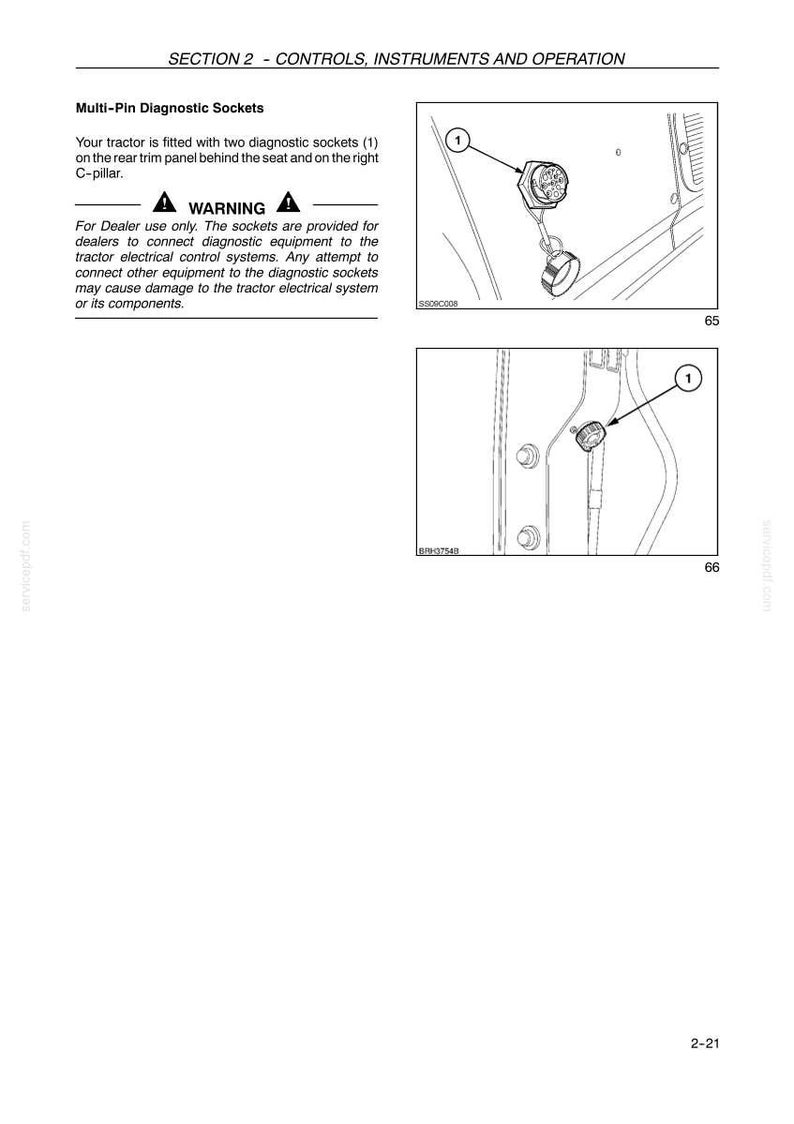 Puede incluir: Una p&aacute;gina de manual t&eacute;cnico titulada SECTION 2 - CONTROLS, INSTRUMENTS AND OPERATION. Incluye texto sobre tomas de diagn&oacute;stico multipin y dos dibujos lineales en blanco y negro que muestran la ubicaci&oacute;n de las tomas marcadas con el n&uacute;mero 1.