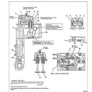 May include: Diagram of an engine's service procedures, including reassembly instructions. The image features detailed illustrations of engine components, with labels and measurements in Nm and kgfm. Text includes "ENGINE - SERVICE PROCEDURES" and "Reassembly".