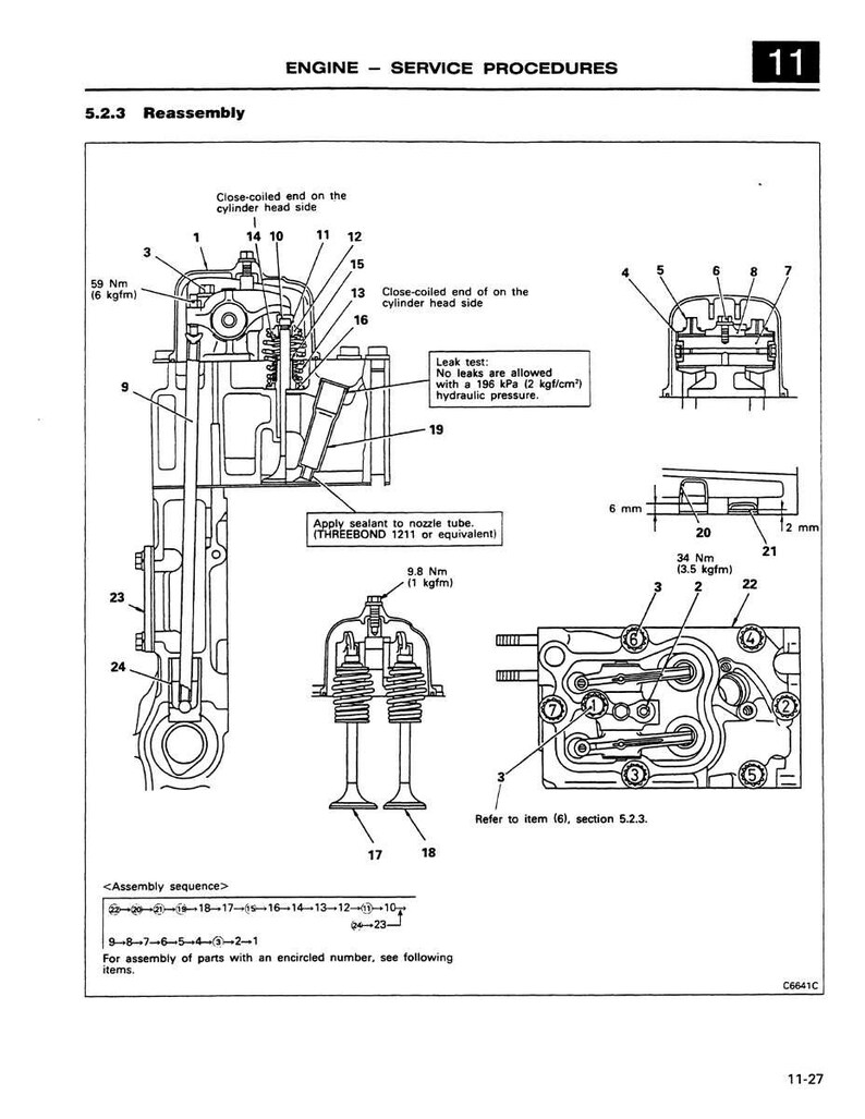 May include: Diagram of an engine's service procedures, including reassembly instructions. The image features detailed illustrations of engine components, with labels and measurements in Nm and kgfm. Text includes "ENGINE - SERVICE PROCEDURES" and "Reassembly".