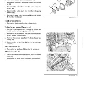 May include: Diagram of an engine's crankshaft and flywheel, with detailed instructions for water pump and turbocharger assembly removal. Includes numbered parts and diagrams for clarity. Text includes "Engine - Crankshaft and flywheel".