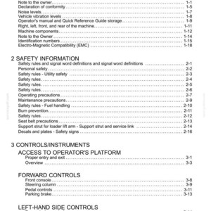Puede incluir: Un &iacute;ndice detallado de un manual, con secciones sobre informaci&oacute;n general, seguridad y controles. El texto es negro sobre fondo blanco, con n&uacute;meros de p&aacute;gina a la derecha.