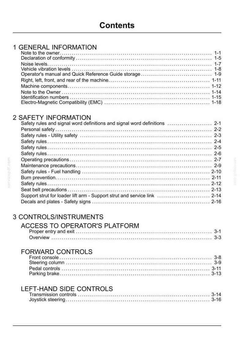 Puede incluir: Un &iacute;ndice detallado de un manual, con secciones sobre informaci&oacute;n general, seguridad y controles. El texto es negro sobre fondo blanco, con n&uacute;meros de p&aacute;gina a la derecha.