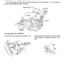 May include: Diagram of mechanical components with labels, including "Cylinder," "Piston," and "Lift arm." Text at the top reads "Position control lever highest position stopper adjustment." Additional text details adjustment procedures. The diagram is in black and white.