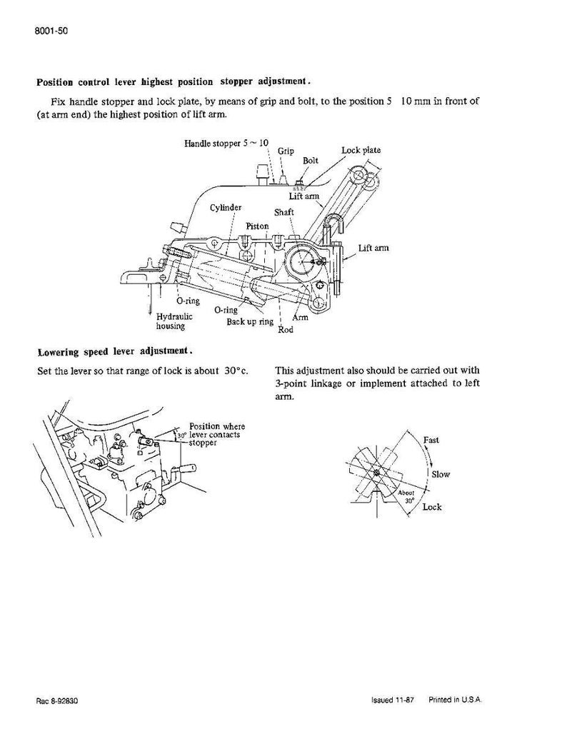 May include: Diagram of mechanical components with labels, including "Cylinder," "Piston," and "Lift arm." Text at the top reads "Position control lever highest position stopper adjustment." Additional text details adjustment procedures. The diagram is in black and white.