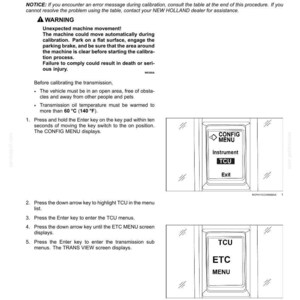 May include: A technical maintenance manual page titled Powershift transmission clutch calibration. It includes a warning about unexpected machine movement, instructions for calibration, and two diagrams showing a digital display with CONFIG MENU, TCU, and ETC MENU text.