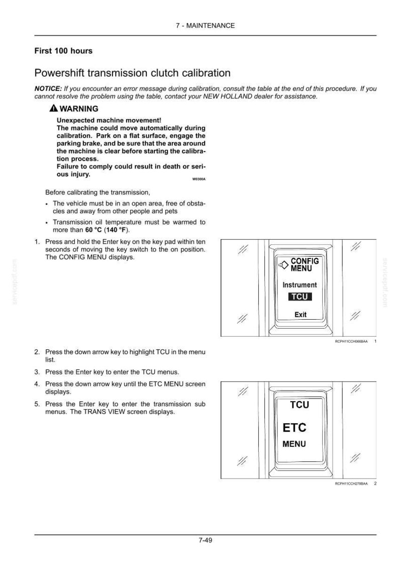 May include: A technical maintenance manual page titled Powershift transmission clutch calibration. It includes a warning about unexpected machine movement, instructions for calibration, and two diagrams showing a digital display with CONFIG MENU, TCU, and ETC MENU text.