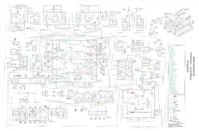 May include: A detailed schematic diagram of an excavator's hydraulic and electrical systems. The diagram is complex, with numerous lines, symbols, and text annotations in black, blue, red, and green on a white background. The text includes "MX88 Excavator Hydraulic/Electrical Schematic".