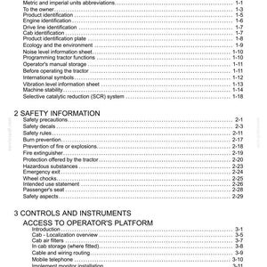 May include: A black and white table of contents page from a tractor operator's manual. The text lists sections for General Information, Safety Information, and Controls and Instruments, including specific topics like engine identification and safety precautions.