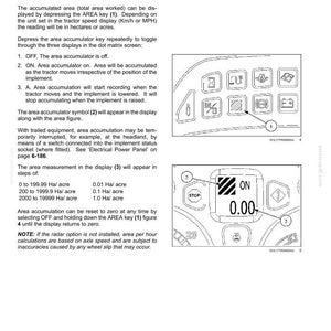 May include: A technical manual page titled 3 - CONTROLS AND INSTRUMENTS detailing the area accumulator function. It includes text instructions, a diagram of a control panel with numbered buttons, and a dot matrix screen displaying ON and 0.00.