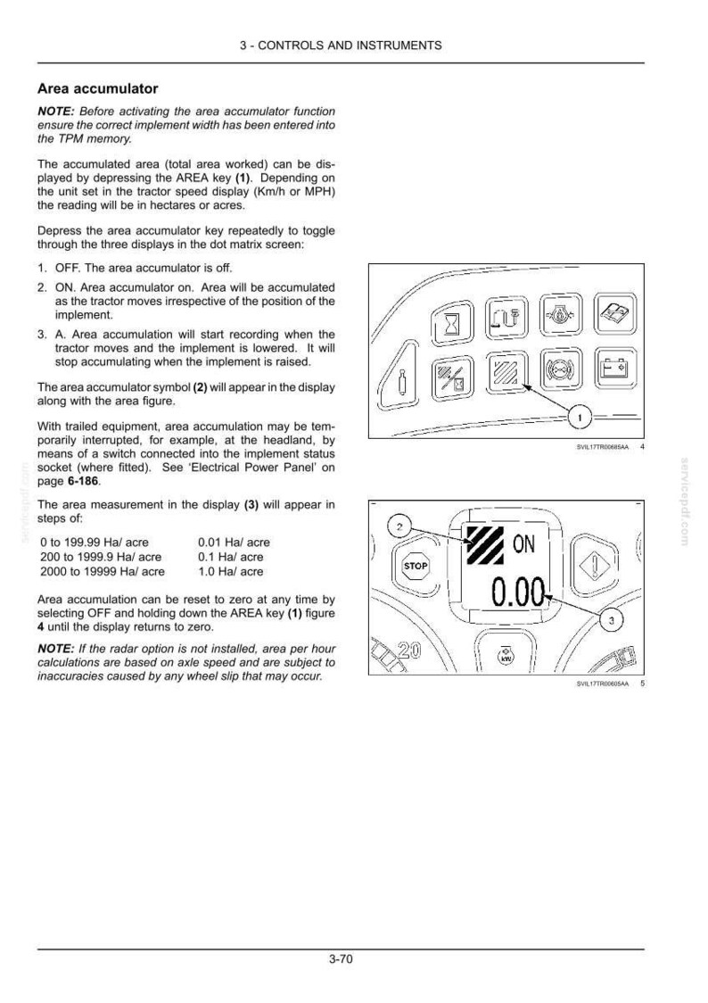 May include: A technical manual page titled 3 - CONTROLS AND INSTRUMENTS detailing the area accumulator function. It includes text instructions, a diagram of a control panel with numbered buttons, and a dot matrix screen displaying ON and 0.00.