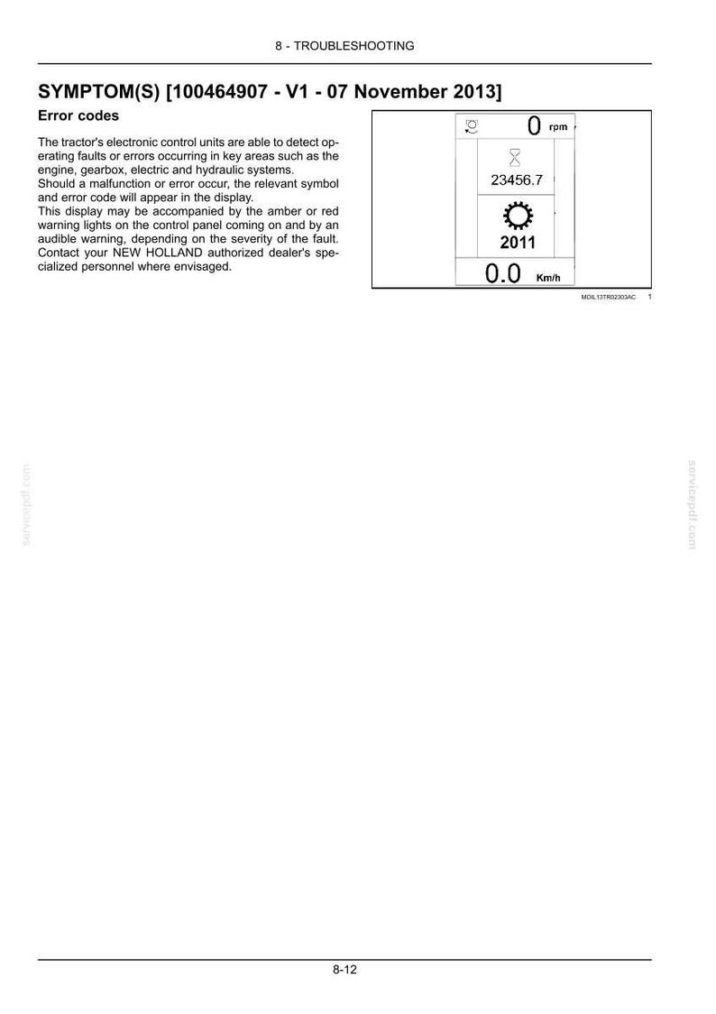 K&ouml;nnte beinhalten: Eine technische Dokumentenseite mit dem Titel 8 - TROUBLESHOOTING SYMPTOM(S) [100464907 - V1 - 07 November 2013] zur Erl&auml;uterung von Fehlercodes elektronischer Traktor-Steuerger&auml;te. Enth&auml;lt eine digitale Anzeige mit 0 rpm, 23456.7, einem Zahnradsymbol, 2011 und 0.0 km/h.