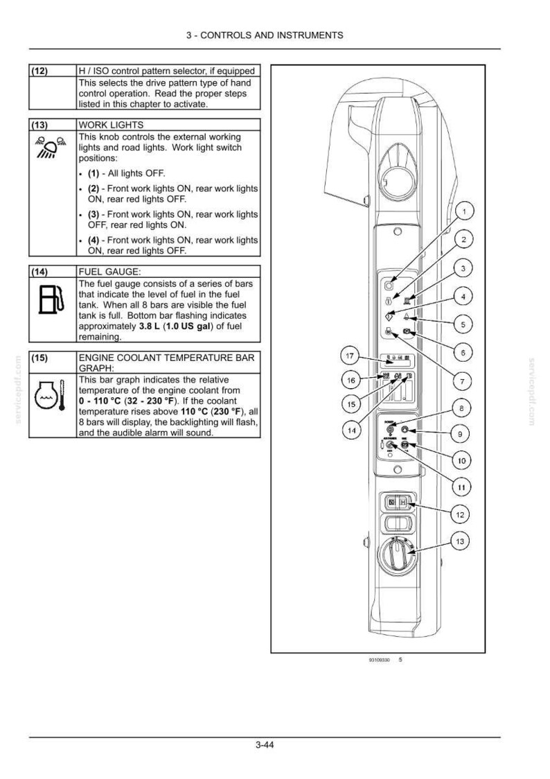 May include: A technical manual page titled 3 - CONTROLS AND INSTRUMENTS featuring a black and white line drawing of a control panel with numbered indicators from 1 to 17. Text descriptions explain the H/ISO control pattern selector, work lights, fuel gauge, and engine coolant temperature bar graph with measurements in liters, gallons, Celsius, and Fahrenheit.