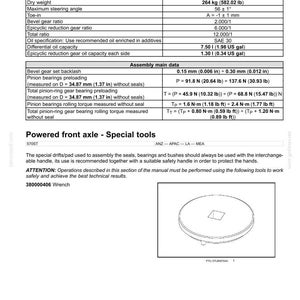 May include: A technical diagram for a powered front axle, detailing specifications like dry weight (582.02 lbs), maximum steering angle, and gear ratios. Includes a wrench diagram and assembly data. The text includes the warning: "ATTENTION: Operations described in this section of the manual must be performed using the following tools to work safely and achieve the best technical results."