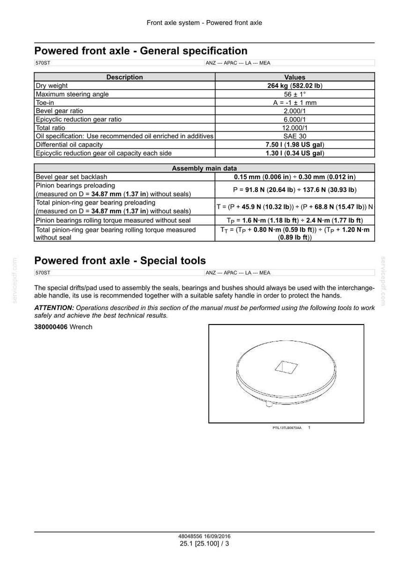 May include: A technical diagram for a powered front axle, detailing specifications like dry weight (582.02 lbs), maximum steering angle, and gear ratios. Includes a wrench diagram and assembly data. The text includes the warning: "ATTENTION: Operations described in this section of the manual must be performed using the following tools to work safely and achieve the best technical results."