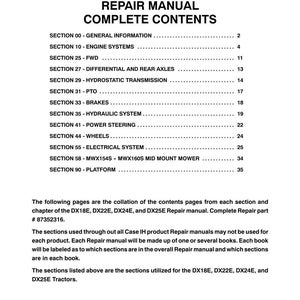 May include: A repair manual contents page for DX18E, DX22E, DX24E, and DX25E tractors. The table of contents includes sections on engine systems, brakes, hydraulic systems, and more. The manual is printed in the USA.