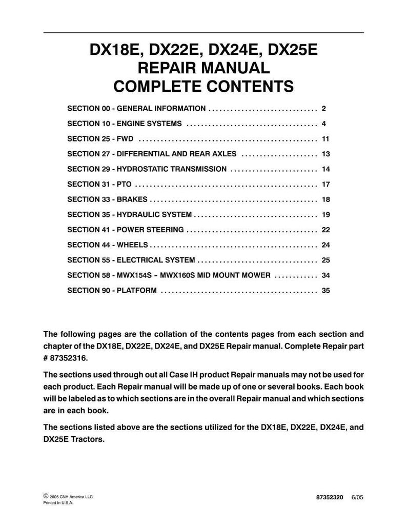 May include: A repair manual contents page for DX18E, DX22E, DX24E, and DX25E tractors. The table of contents includes sections on engine systems, brakes, hydraulic systems, and more. The manual is printed in the USA.