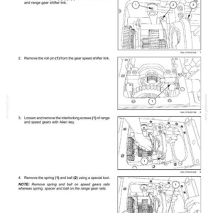 May include: Diagram of gearbox internal components with instructions for removing roll pins, screws, springs, and balls. The text includes numbered steps and diagrams with arrows pointing to specific parts.