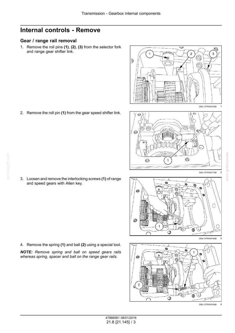 May include: Diagram of gearbox internal components with instructions for removing roll pins, screws, springs, and balls. The text includes numbered steps and diagrams with arrows pointing to specific parts.