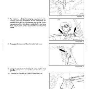 May include: Diagram of a front axle system with numbered components and instructions. Includes illustrations of brake hoses, accumulators, and a jack stand. Text includes steps for disconnecting and removing parts.