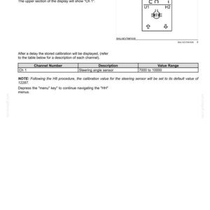 Op de afbeelding: Technisch diagram met tekst met details over kalibratiewaarden van de stuursensor. Bevat een diagram van een display met "Ch 1", "U1" en "H2" met pijlen omhoog en omlaag. De tekst beschrijft het proces en de waardebereiken.