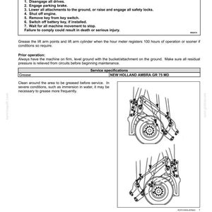 Puede incluir: Un documento de mantenimiento t&eacute;cnico titulado Grease lift arm, que incluye una secci&oacute;n de advertencia, especificaciones de servicio para la grasa New Holland Ambra GR 75 MD y dos dibujos lineales que muestran los puntos de engrase.