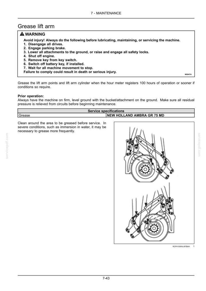 Puede incluir: Un documento de mantenimiento t&eacute;cnico titulado Grease lift arm, que incluye una secci&oacute;n de advertencia, especificaciones de servicio para la grasa New Holland Ambra GR 75 MD y dos dibujos lineales que muestran los puntos de engrase.