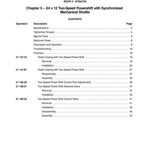 May include: A page from a manual titled "SECTION 21 - TRANSMISSIONS" with the text "Chapter 5 - 24 x 12 Two-Speed Powershift with Synchronized Mechanical Shuttle." The contents include specifications, tightening torques, and sectional views. The page number is 8.