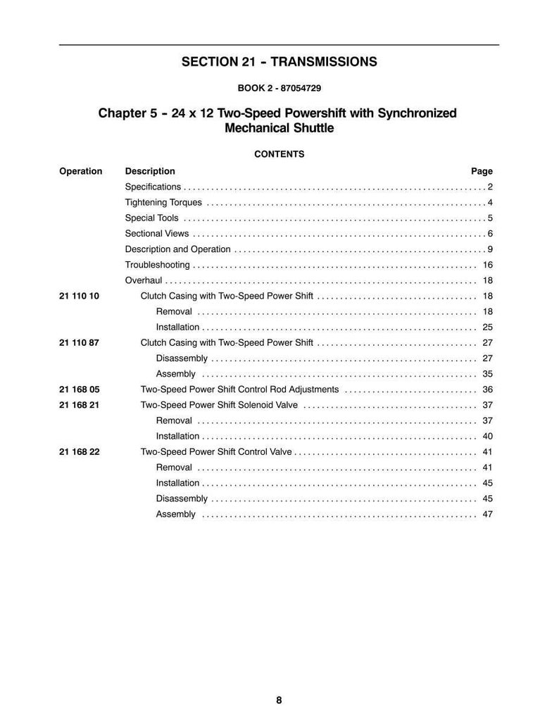 May include: A page from a manual titled "SECTION 21 - TRANSMISSIONS" with the text "Chapter 5 - 24 x 12 Two-Speed Powershift with Synchronized Mechanical Shuttle." The contents include specifications, tightening torques, and sectional views. The page number is 8.