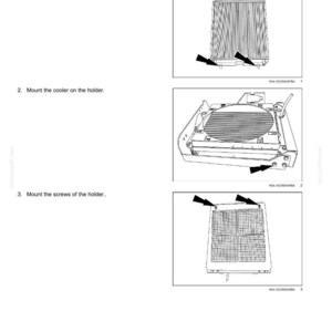 May include: Diagram illustrating the installation of a radiator, with step-by-step instructions. The image shows the radiator and its components, with arrows indicating screw locations. Text includes "Radiator - Install" and numbered steps.