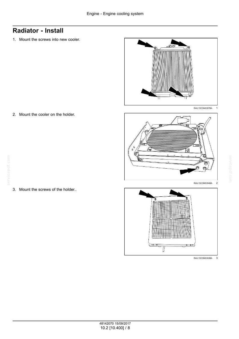 May include: Diagram illustrating the installation of a radiator, with step-by-step instructions. The image shows the radiator and its components, with arrows indicating screw locations. Text includes "Radiator - Install" and numbered steps.