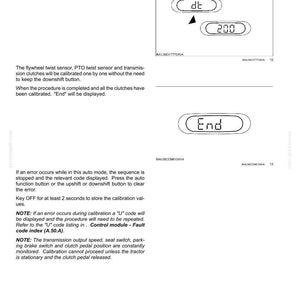 May include: A technical document page titled Automated Transmission Calibration, detailing procedures for hydraulic, pneumatic, and electrical systems. It includes instructions for using 'dt' and 'm' buttons, with diagrams showing 'dt', '200', and 'End' displays.