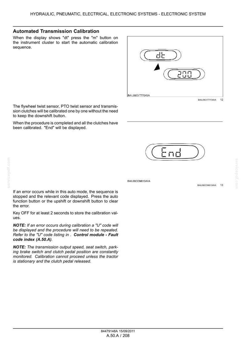 May include: A technical document page titled Automated Transmission Calibration, detailing procedures for hydraulic, pneumatic, and electrical systems. It includes instructions for using 'dt' and 'm' buttons, with diagrams showing 'dt', '200', and 'End' displays.