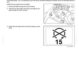 May include: Diagram of a control panel with numbered buttons and a screen displaying a crossed-out symbol and the number 15. Text explains auto engine shutdown time-out adjustment.