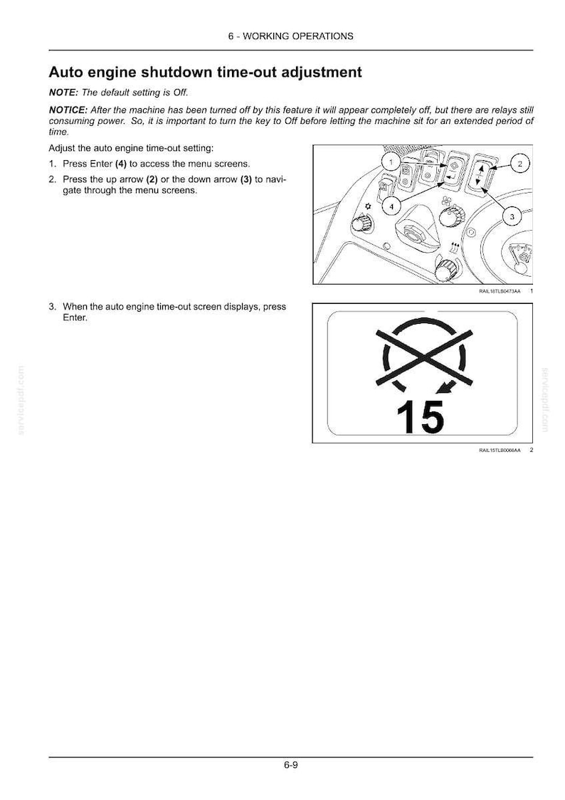 May include: Diagram of a control panel with numbered buttons and a screen displaying a crossed-out symbol and the number 15. Text explains auto engine shutdown time-out adjustment.