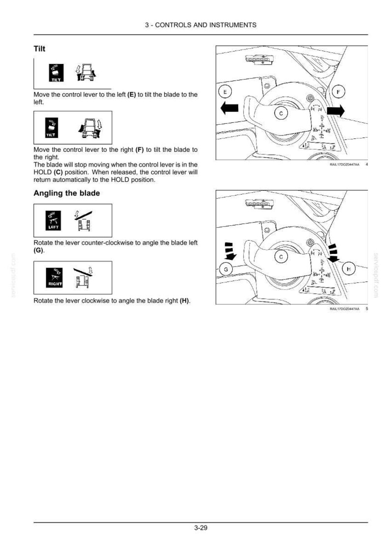 Peut inclure: Sch&eacute;ma des commandes et instruments d'une machine, avec des instructions pour incliner et orienter la lame. Comprend des fl&egrave;ches et du texte, avec l'en-t&ecirc;te "3 - CONTROLES ET INSTRUMENTS".