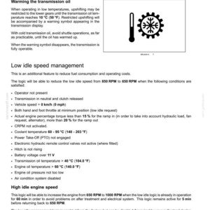 May include: A technical document page titled 4-OPERATING INSTRUCTIONS detailing low idle speed management and transmission oil warming. It includes a black and white icon of a thermometer next to a gear with a snowflake symbol and text.