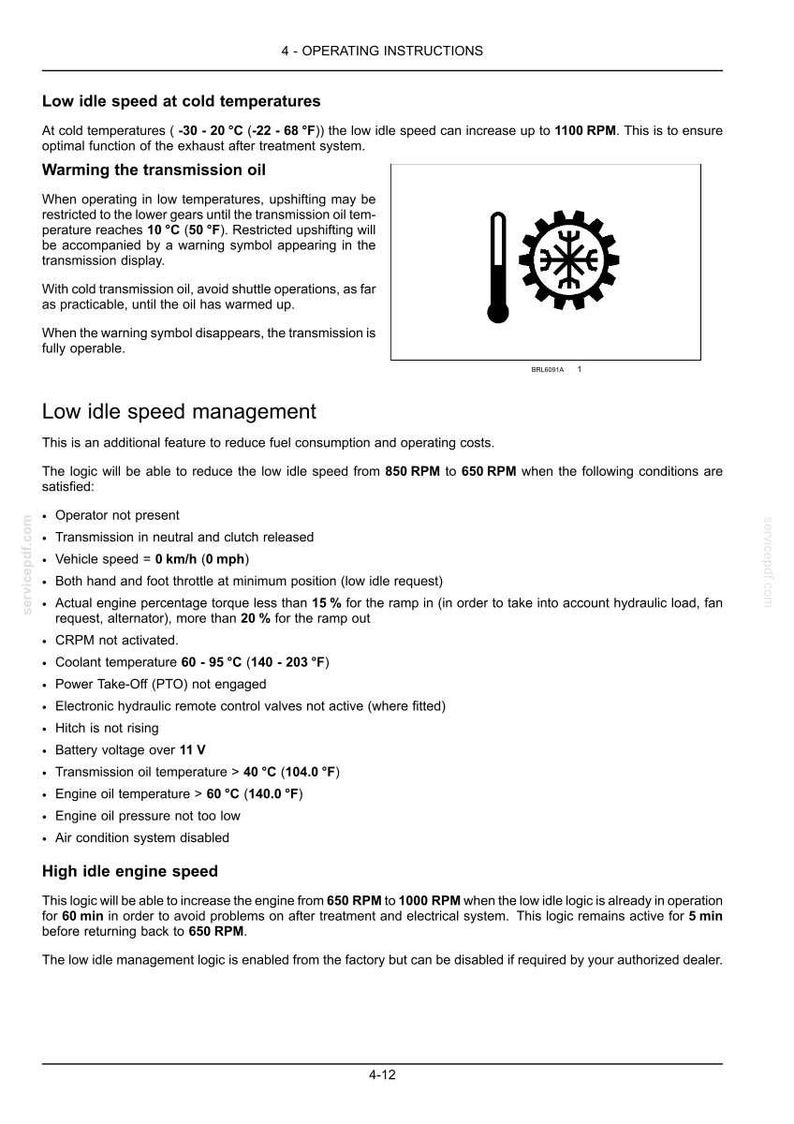 May include: A technical document page titled 4-OPERATING INSTRUCTIONS detailing low idle speed management and transmission oil warming. It includes a black and white icon of a thermometer next to a gear with a snowflake symbol and text.