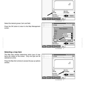 May include: A technical manual page titled 4-OPERATION showing three instructional diagrams for selecting a field and a map item. The black and white illustrations display software interface windows with buttons labeled Back, Import, Filter, Delete, Map, OK, and Cancel.