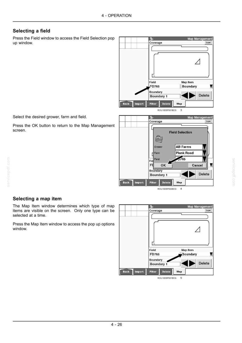 May include: A technical manual page titled 4-OPERATION showing three instructional diagrams for selecting a field and a map item. The black and white illustrations display software interface windows with buttons labeled Back, Import, Filter, Delete, Map, OK, and Cancel.