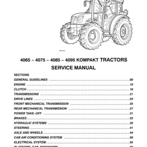 May include: A black and white service manual cover for Steyr 4065, 4075, 4085, and 4095 Kompakt tractors. The document features a line drawing of a tractor and a detailed table of contents listing sections from general guidelines to bodywork.