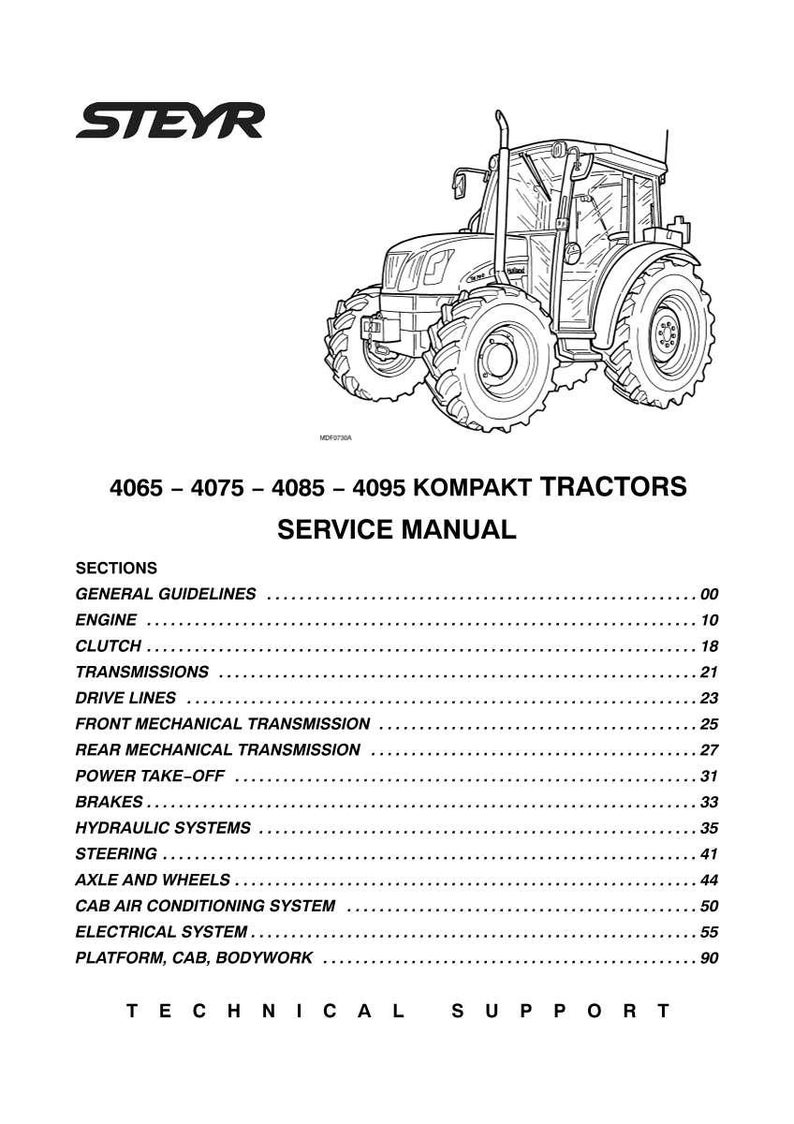 May include: A black and white service manual cover for Steyr 4065, 4075, 4085, and 4095 Kompakt tractors. The document features a line drawing of a tractor and a detailed table of contents listing sections from general guidelines to bodywork.