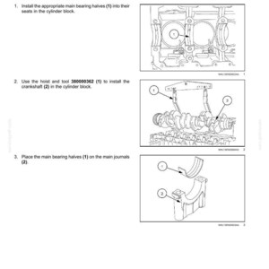 May include: Diagram of engine components, including a crankshaft and flywheel. Instructions detail installing main bearing halves and the crankshaft in the cylinder block. Includes tool number 380000362.