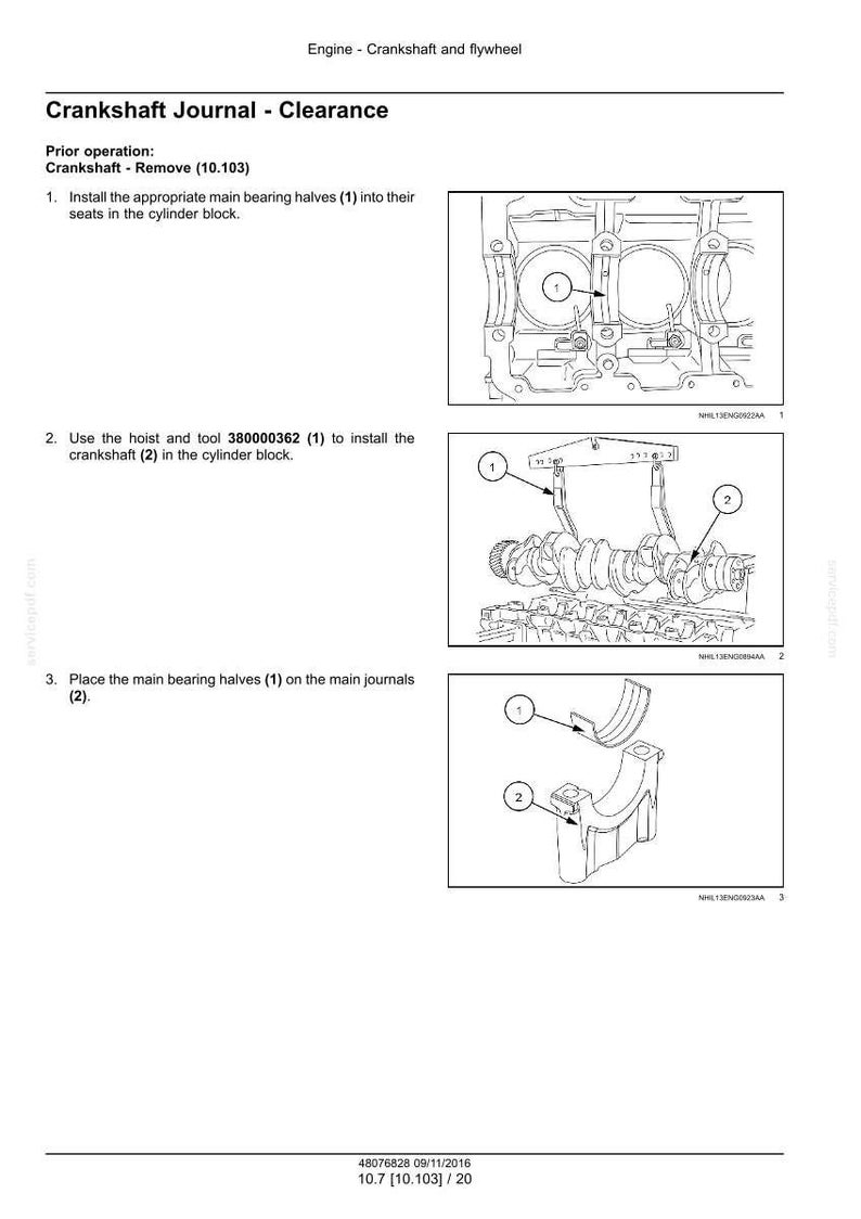 May include: Diagram of engine components, including a crankshaft and flywheel. Instructions detail installing main bearing halves and the crankshaft in the cylinder block. Includes tool number 380000362.