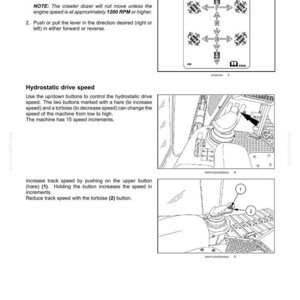 May include: A technical manual page titled 3 - CONTROLS AND INSTRUMENTS featuring black and white line drawings of a crawler dozer control lever. It includes a directional movement diagram, a joystick illustration, and instructions for hydrostatic drive speed.