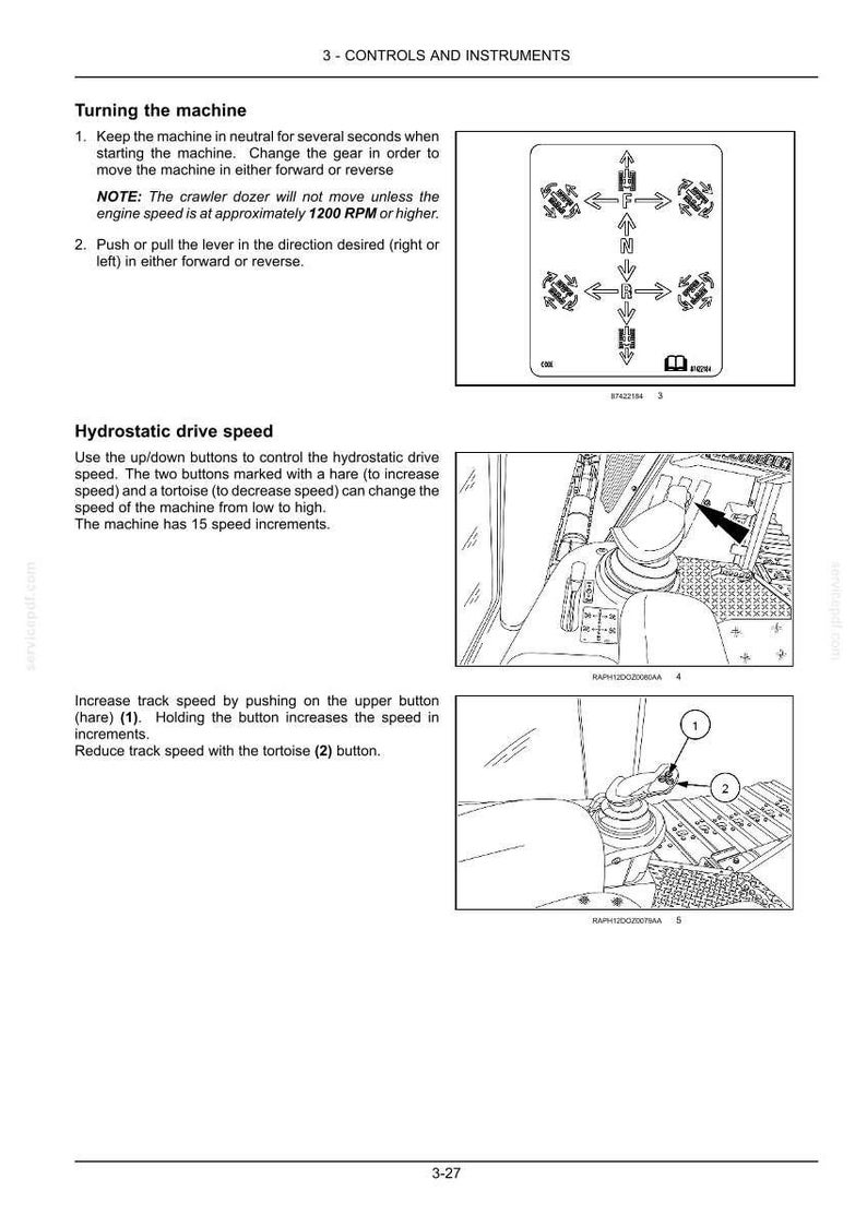 May include: A technical manual page titled 3 - CONTROLS AND INSTRUMENTS featuring black and white line drawings of a crawler dozer control lever. It includes a directional movement diagram, a joystick illustration, and instructions for hydrostatic drive speed.